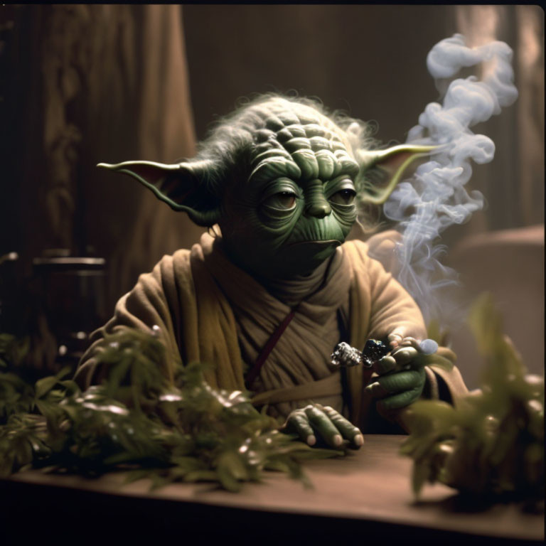 CGI Yoda from Star Wars sitting with pipe, surrounded by greenery