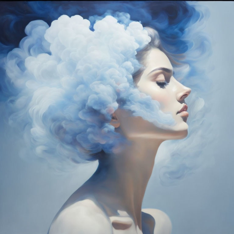 Surreal portrait of a woman blending into billowing clouds