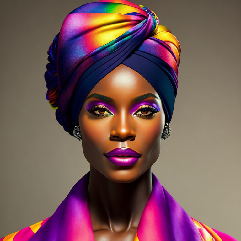 Colorful headwrap woman with vibrant makeup on neutral background