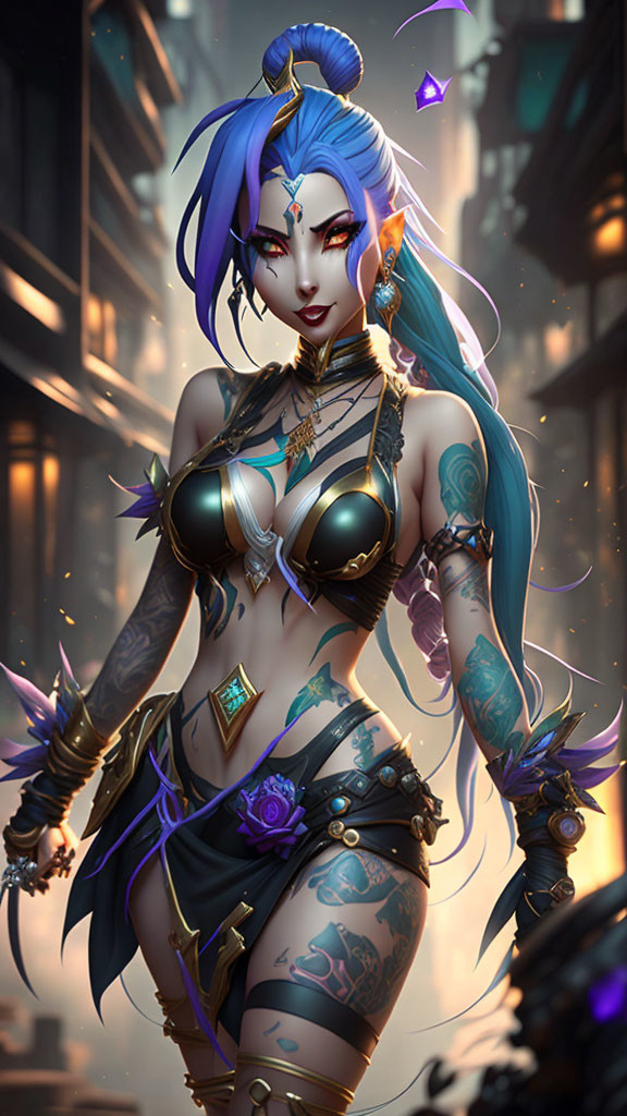 Fantasy female character with blue hair, tattoos, gold-trimmed dark clothing, and purple crystals