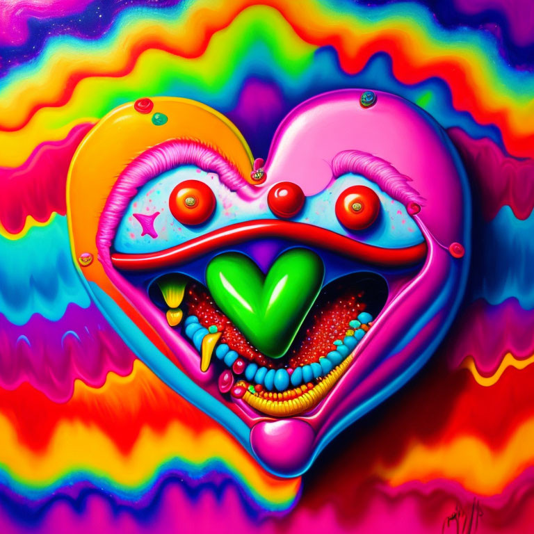 Colorful surreal heart with facial features on vibrant background