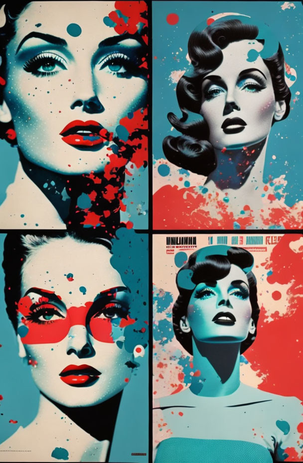 Stylized pop-art portraits of a woman with vintage hair and makeup on teal background