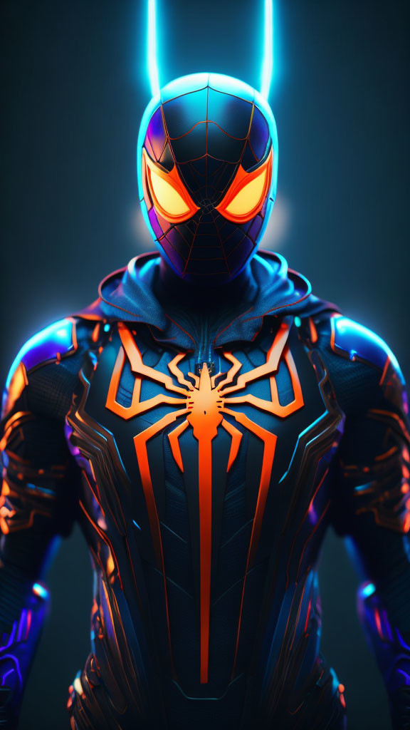 Vibrant Spider-Man Suit with Neon Glows in Dimly Lit Setting