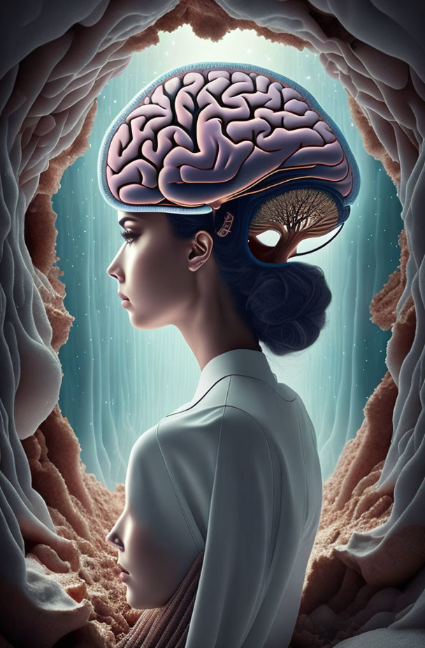 Surreal illustration of woman with intricate brain