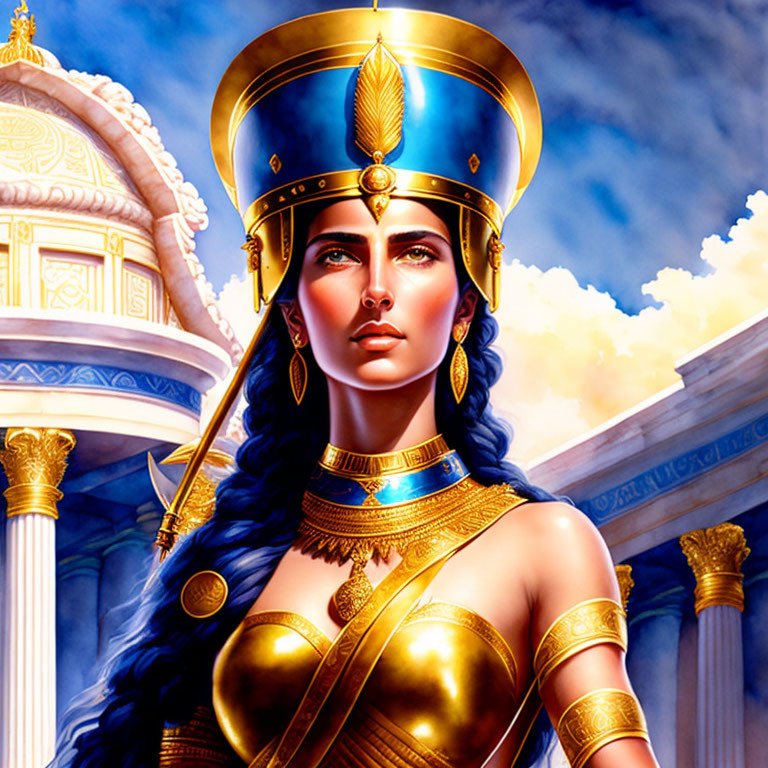 Blue-skinned woman in golden headdress against ancient backdrop