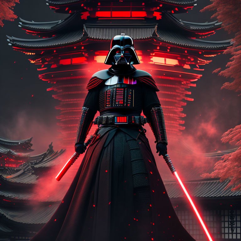 Sci-fi character with red lightsaber at Japanese pagoda with misty red trees