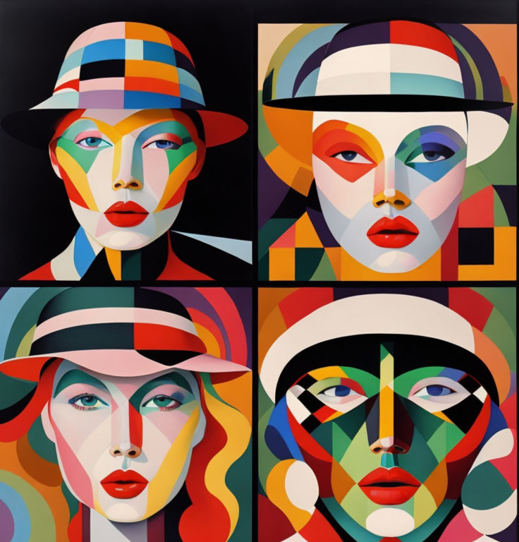 Stylized portraits with geometric patterns and bold colors wearing striped hats