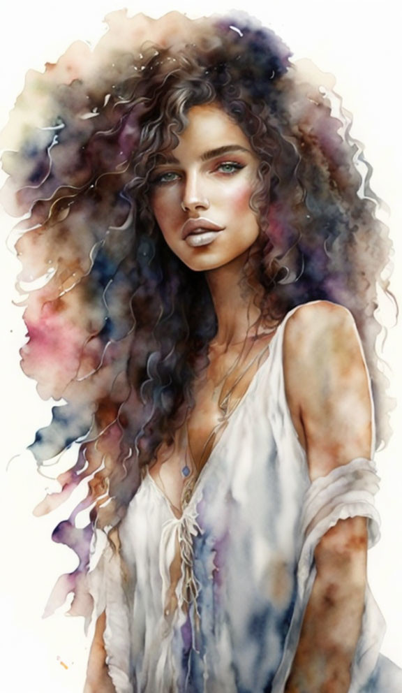 Colorful Watercolor Illustration of Woman with Curly Hair in Off-Shoulder Top