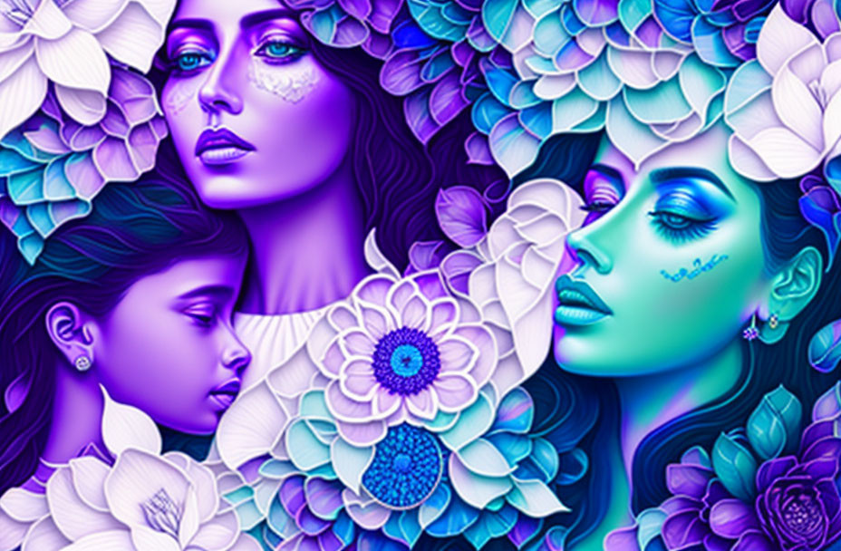 Colorful digital artwork featuring three women's faces surrounded by floral patterns in purple and blue.