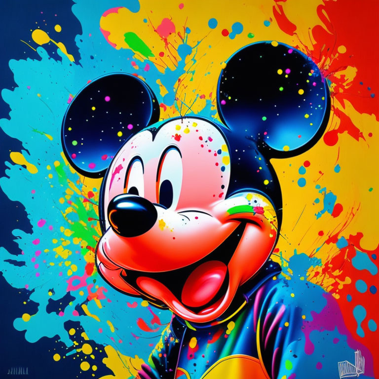 Vibrant Mickey Mouse Art with Colorful Paint Splatters