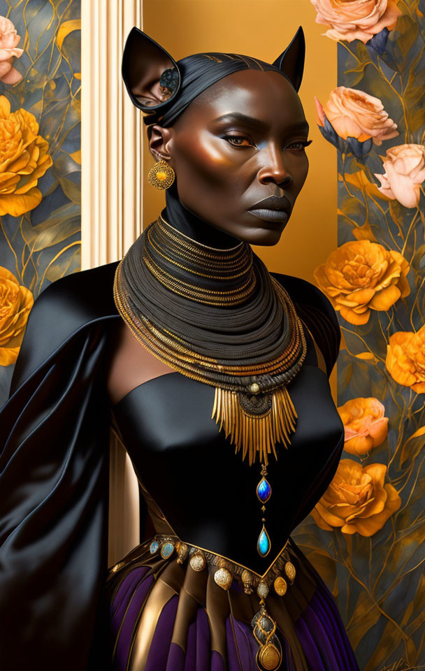 Digital artwork of woman with cat-like features in gold jewelry and black/purple garment on floral background