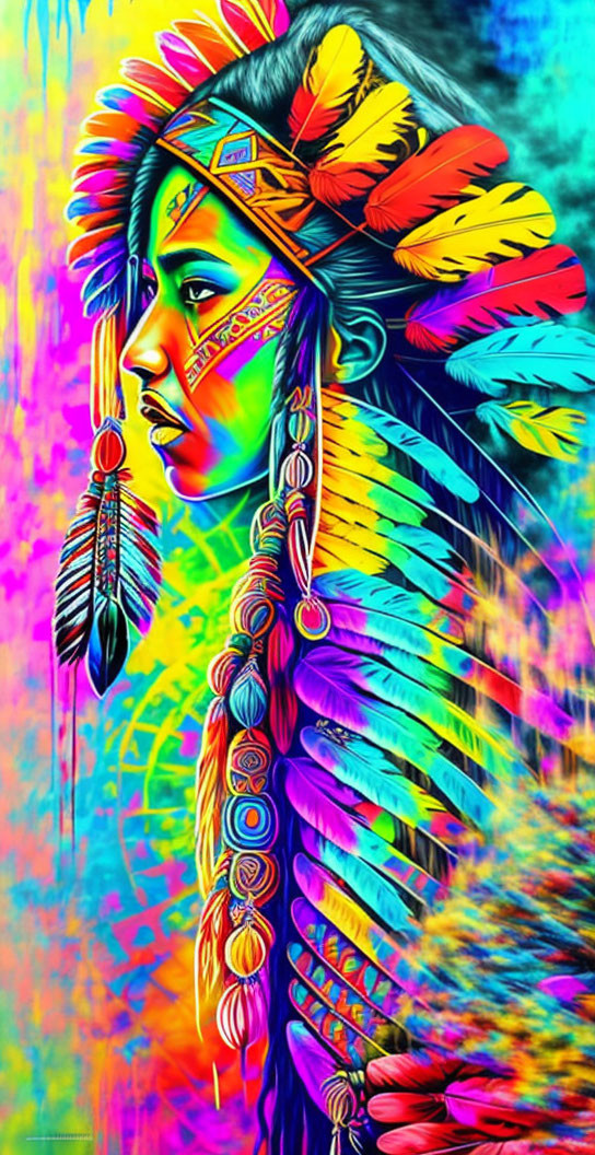 Vibrant profile of woman with Native American headdress on abstract background