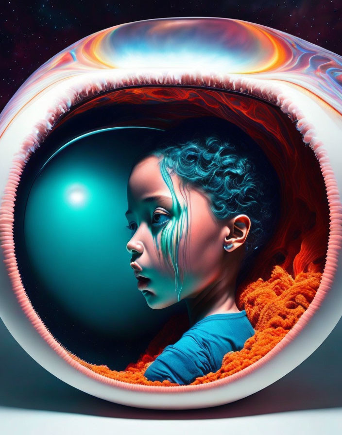 Vibrant cosmic portrait of a child in eye-shaped frame