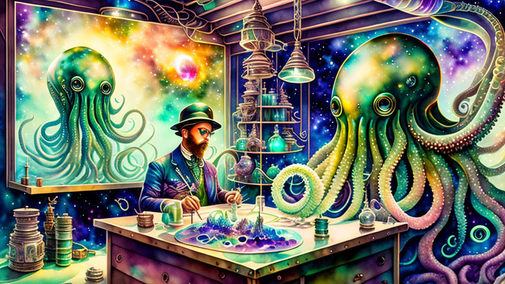 Whimsical artwork featuring gentleman with hat and goggles crafting among cosmic octopus entities and starry art