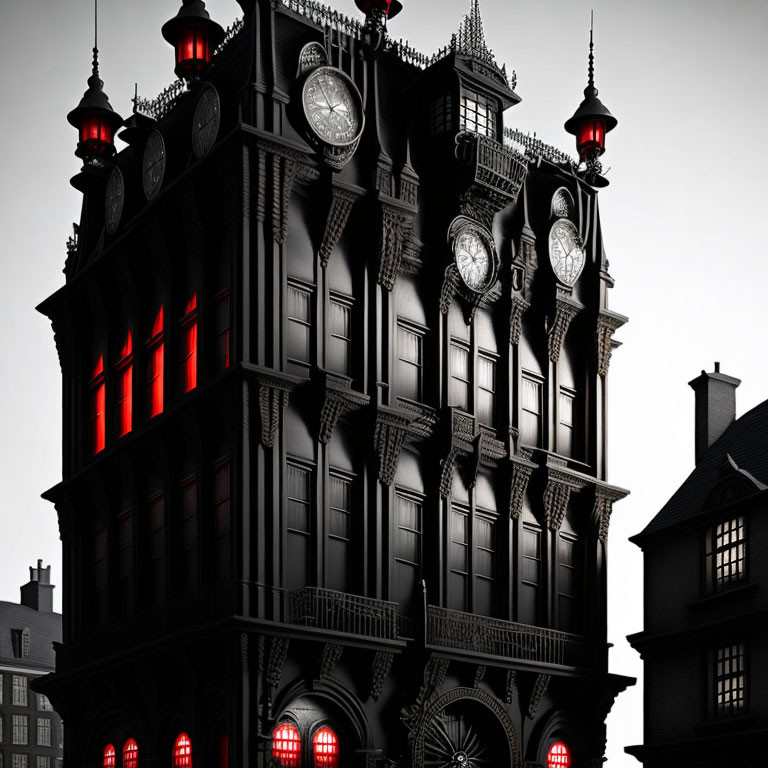 Gothic-style building with illuminated clocks and red windows at dusk