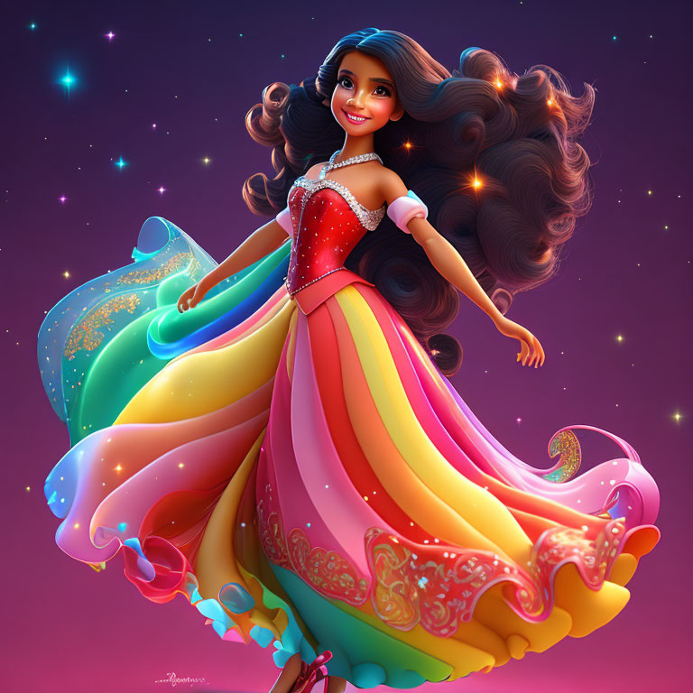 Long-Haired Animated Character in Colorful Dress on Magical Pink Background