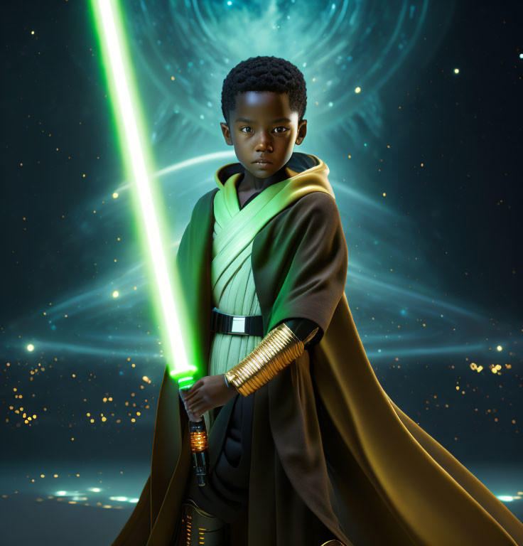 Child in Jedi costume with green lightsaber against cosmic backdrop