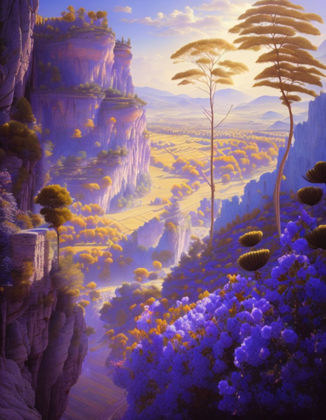 Fantastical landscape with purple foliage, cliffs, waterfalls, and glowing sky