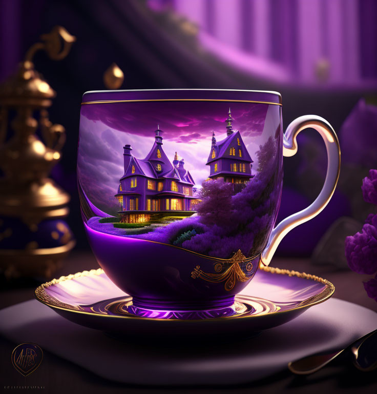 Magical landscape design teacup with illuminated houses on purple sky saucer