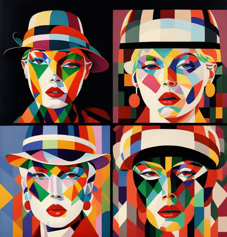 Abstract portraits of four women in hats with colorful, geometric patterns