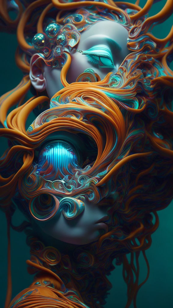 Surreal portrait of figure with orange swirls and blue eyes