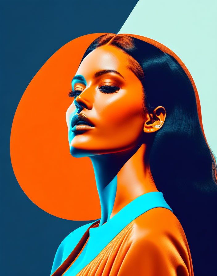 Sleek hairstyle woman portrait in orange and blue tones