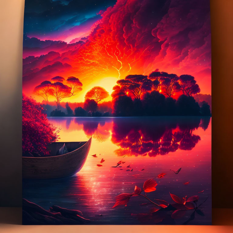 Scenic sunset painting: fiery sky, tranquil lake, tree silhouettes, boat, scattered leaves