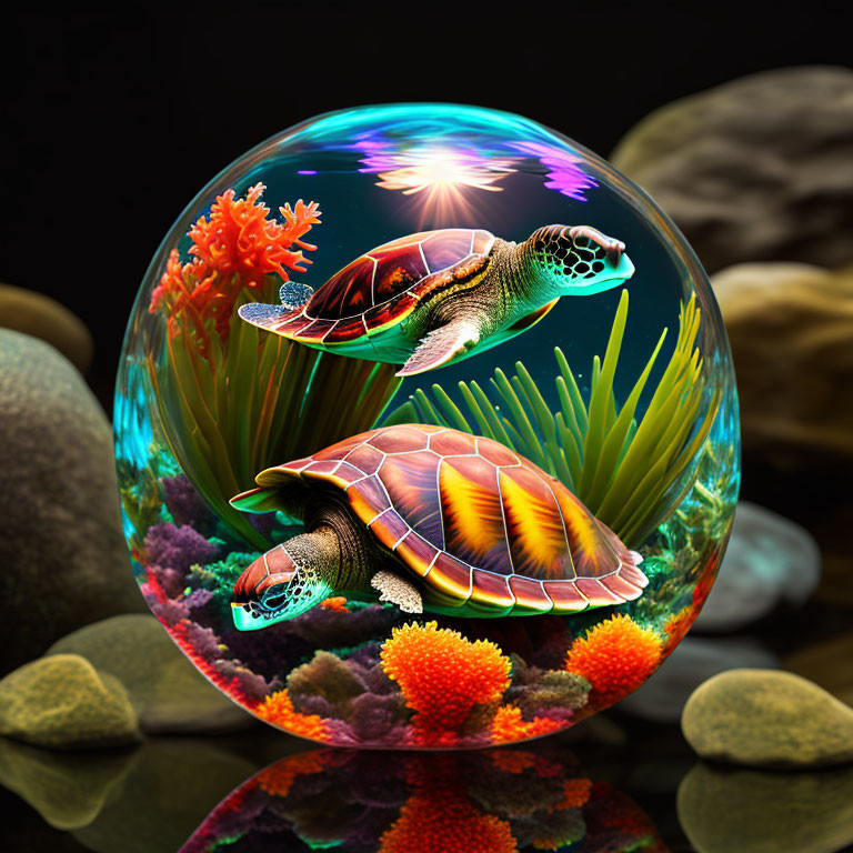 Digital Art: Two sea turtles in bubble with coral & plants