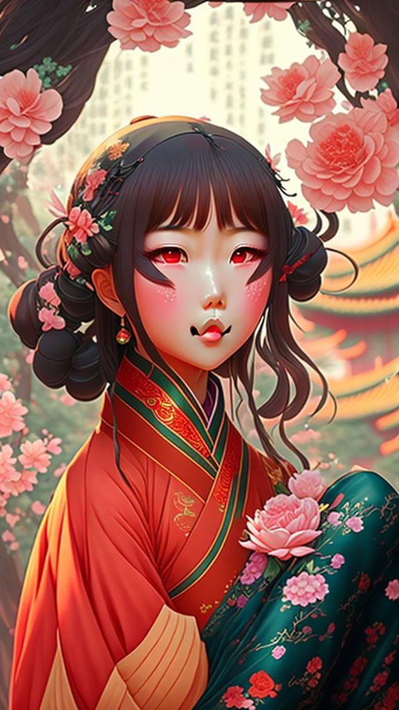 Traditional red and green outfit animated character with floral patterns and hair accessories holding a pink flower, blurred buildings