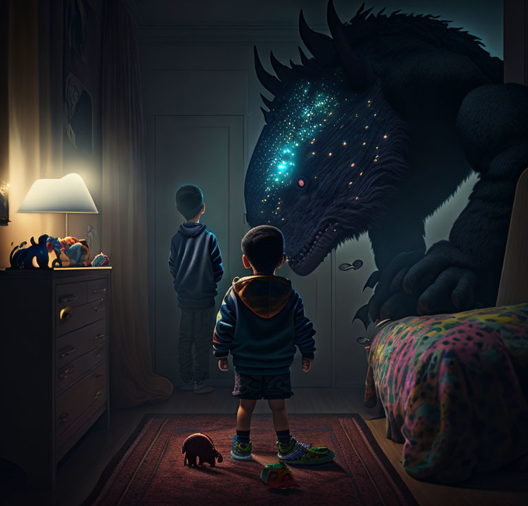 Child in bedroom gazes at giant dragon-like creature in starry fantasy scene