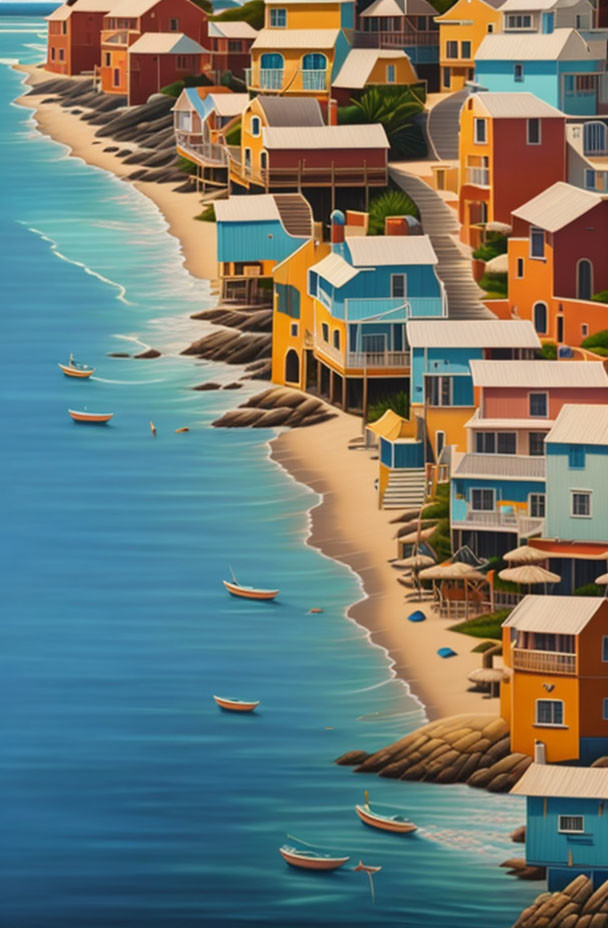 Vibrant Coastal Village: Sandy Beach, Blue Sea, Boats, Rocky Shoreline