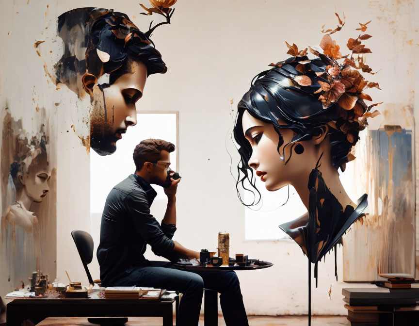 Surreal portraits with floral elements in an artist's studio