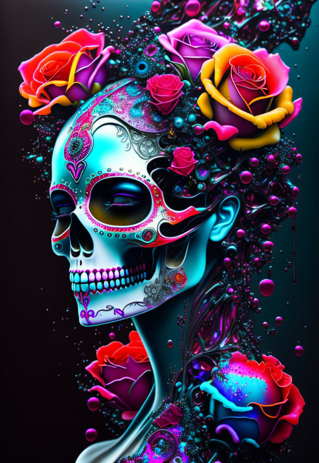 Vibrant Day of the Dead skull illustration with roses and patterns