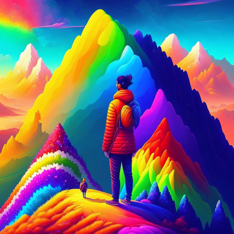 Person and dog admire vibrant, multicolored mountains under vivid sky