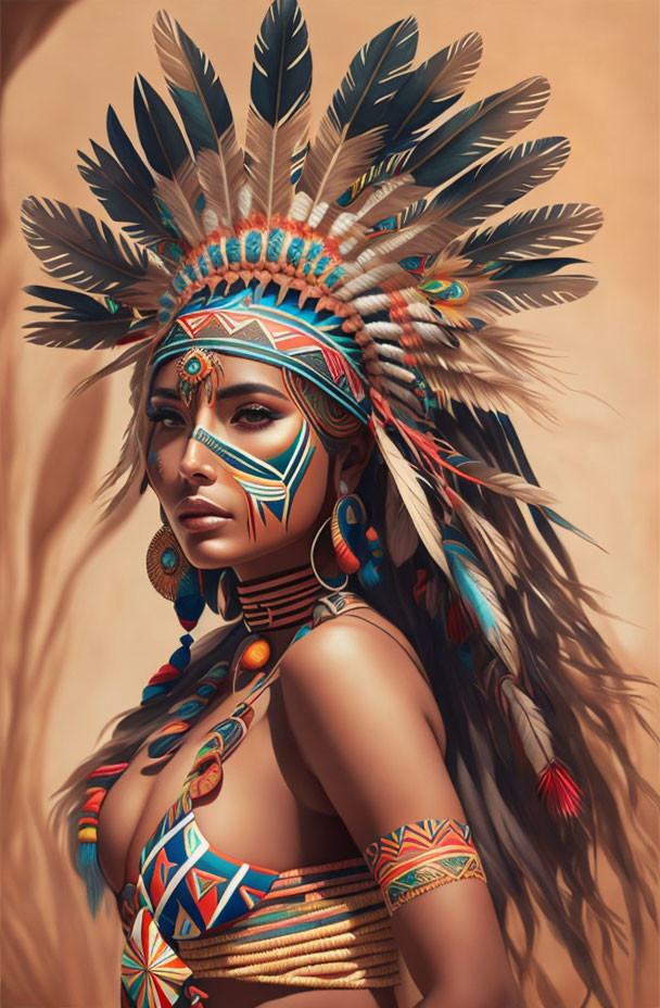 Woman in Native American headdress with feathers and tribal makeup on warm background