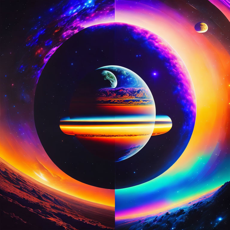 Colorful digital artwork of surreal cosmic scene with ringed planet & divided quadrants