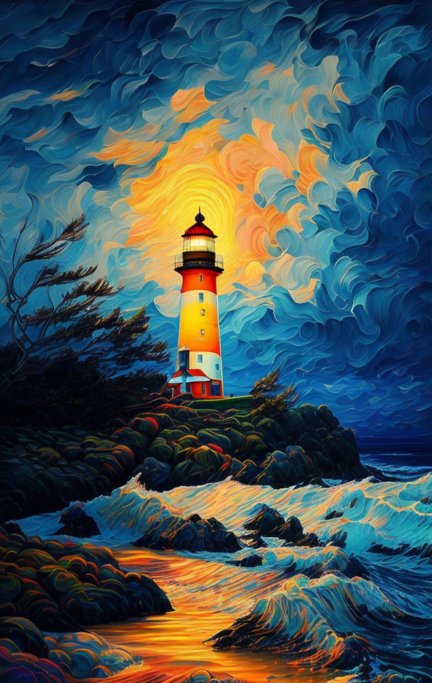 Stylized painting: Lighthouse on cliff with swirling skies & glowing waves