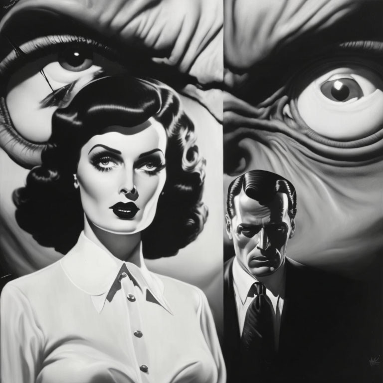 Monochrome painting of glamorous woman and somber man with surreal large eyes