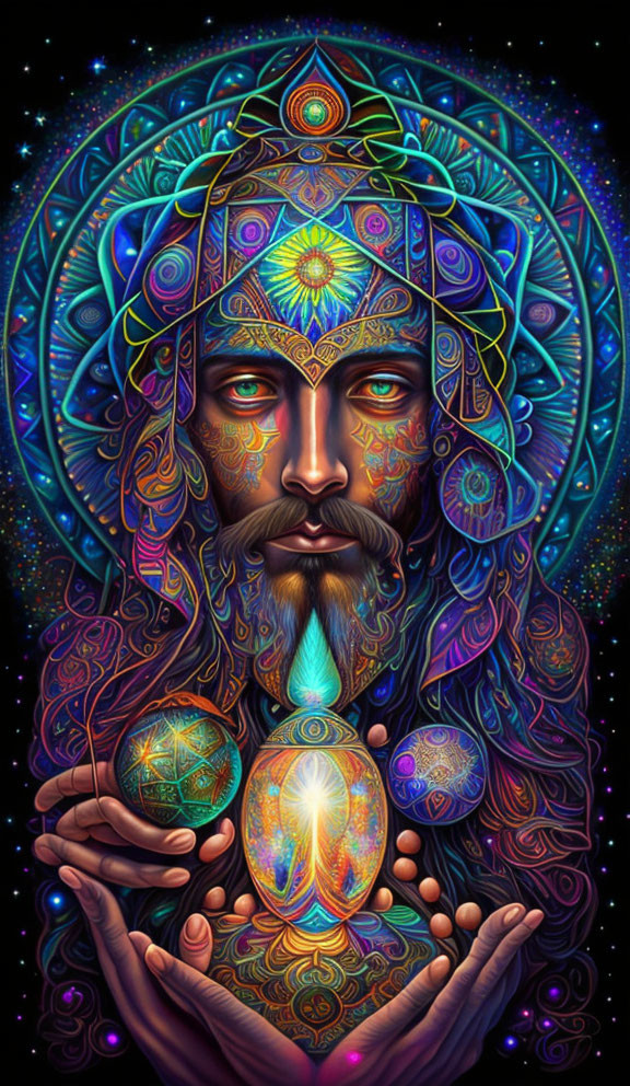 Colorful digital art: person with cosmic patterns holding glowing orb