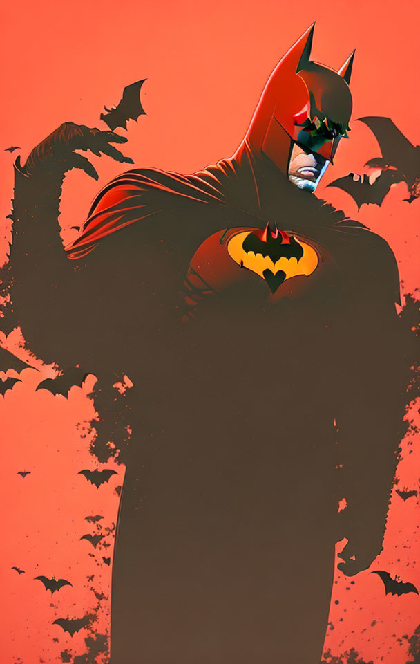 Stylized Batman illustration with orange backdrop and flying bats