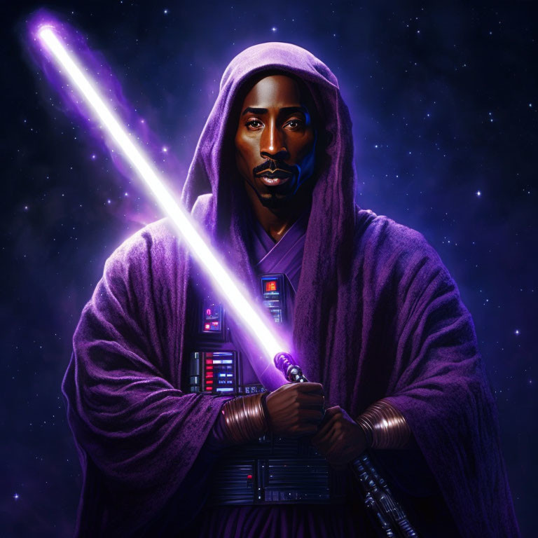 Digital artwork of Jedi with purple lightsaber in space