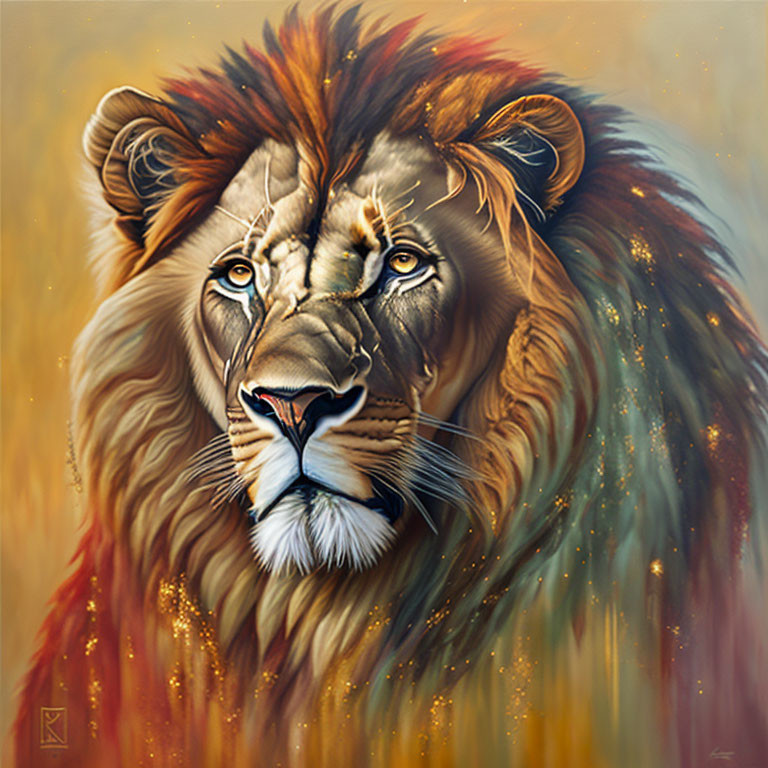 Hyper-realistic painting of a majestic lion with warm golden hues and intense gaze