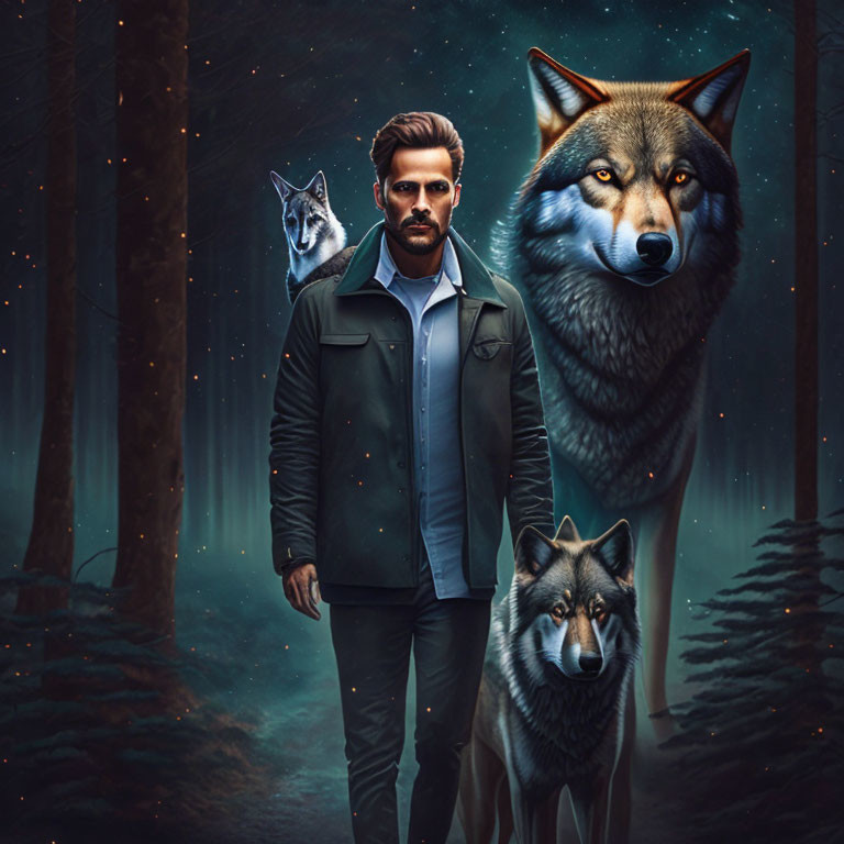 Bearded man in dark forest with ghostly and real wolves under star-lit sky