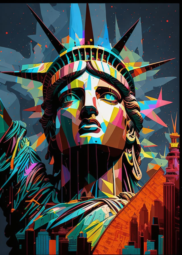 Abstract Statue of Liberty illustration with colorful geometric patterns & NYC skyline.