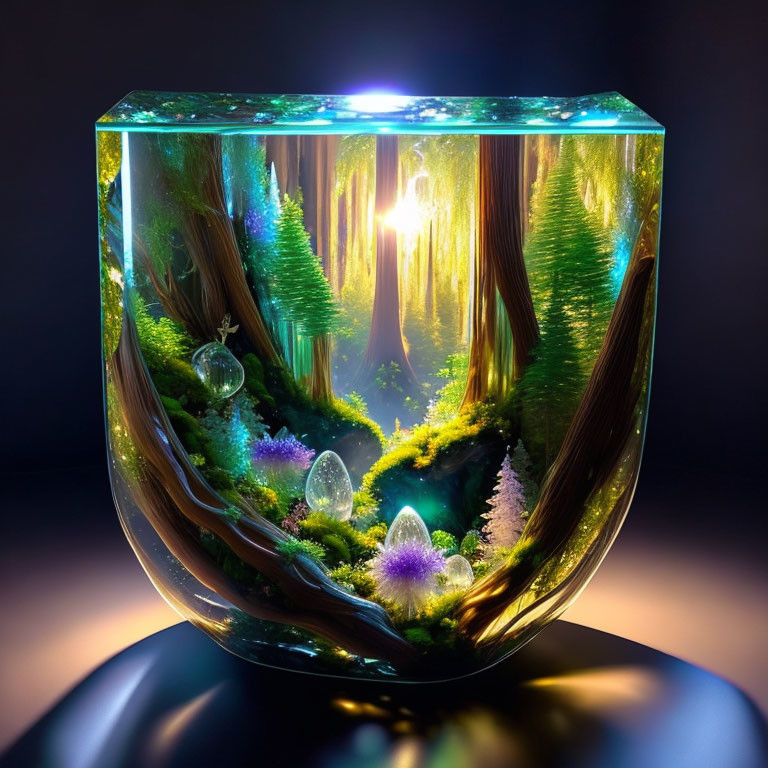 Enchanted terrarium forest with mystical lighting