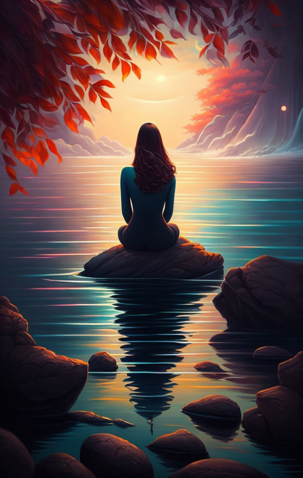 Person meditating on rock by tranquil waters under red-leafed tree canopy at sunset