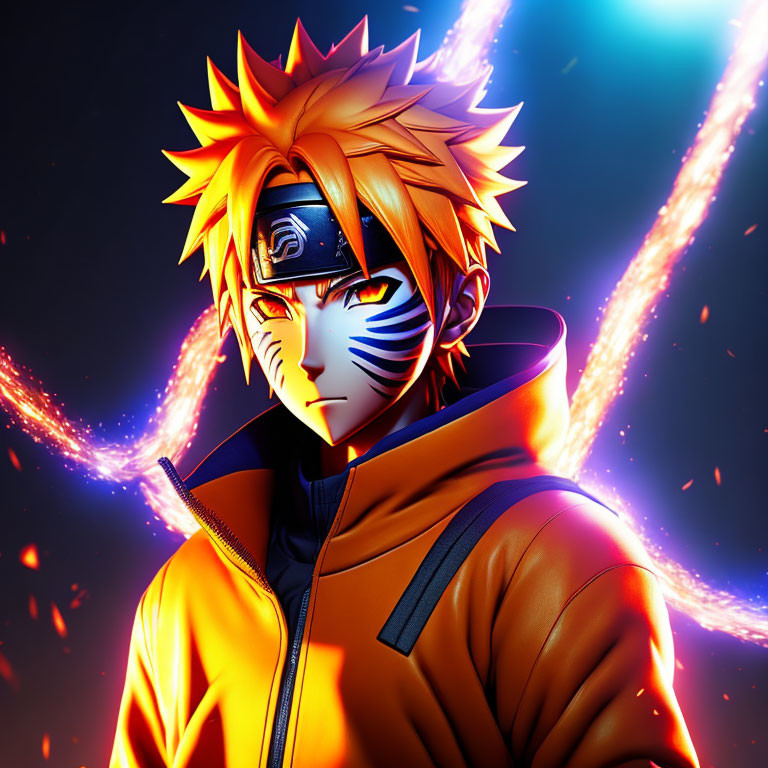 Spiky Blond-Haired Character in Orange Jacket with Fiery Background