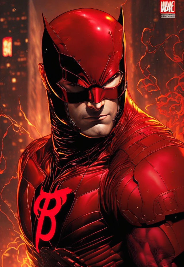 Superhero illustration in red suit with Bitcoin logo on chest, set against fiery backdrop