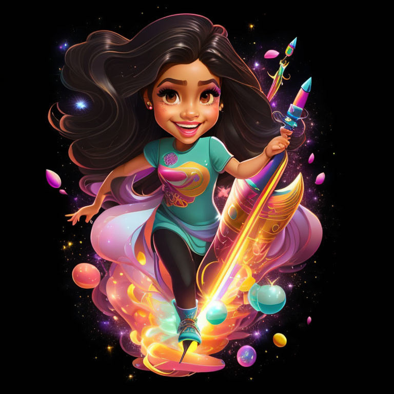 Colorful animated girl with magical paintbrush in swirling light.