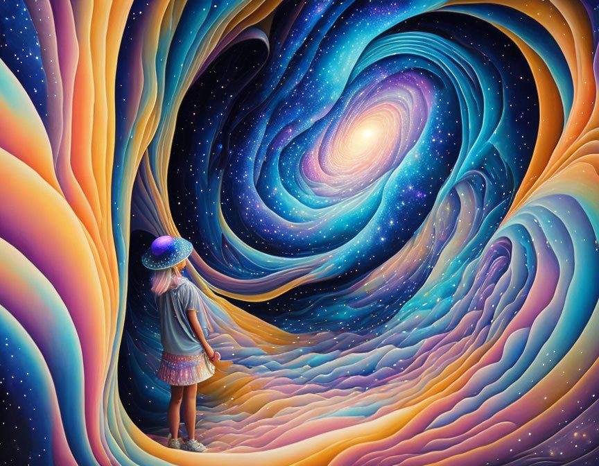 Person standing at entrance of vibrant galaxy vortex